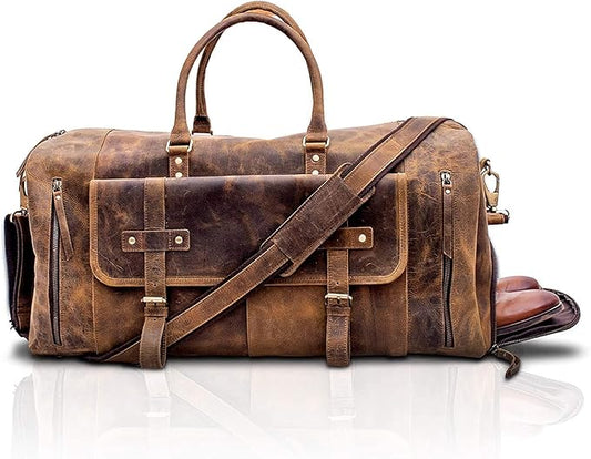 KomalC 24 Inch Leather Duffel Bags for Men and Women Full Grain Leather Travel Overnight Weekend Bags Sports Gym Duffle for Men (Brown Tan with shoe pocket)