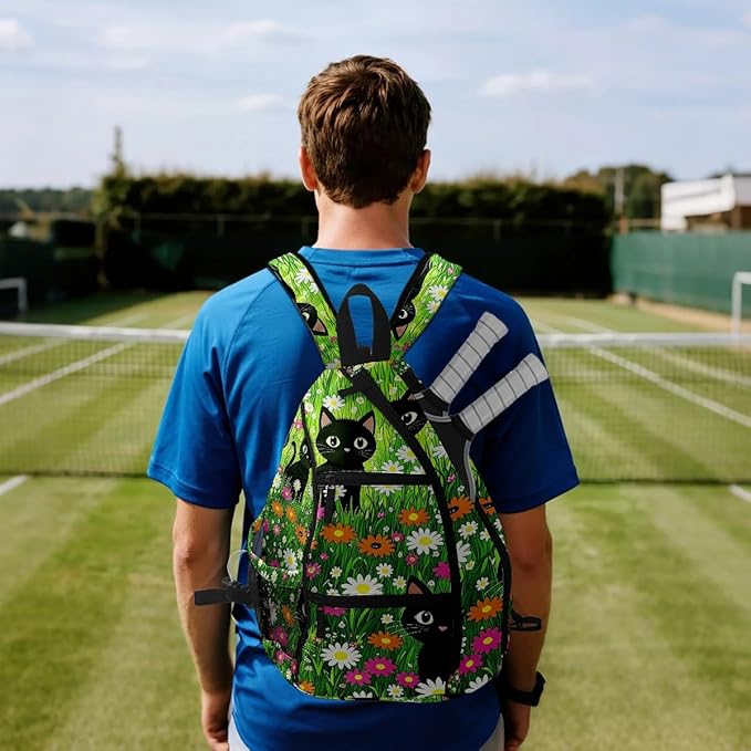 Pickleball Bag Cartoon Cats Green Pickle Ball Backpack for Women Men Premium Lightweight Crossbody Sling Bag Sports Backpack for Pickleball Paddle Tennis