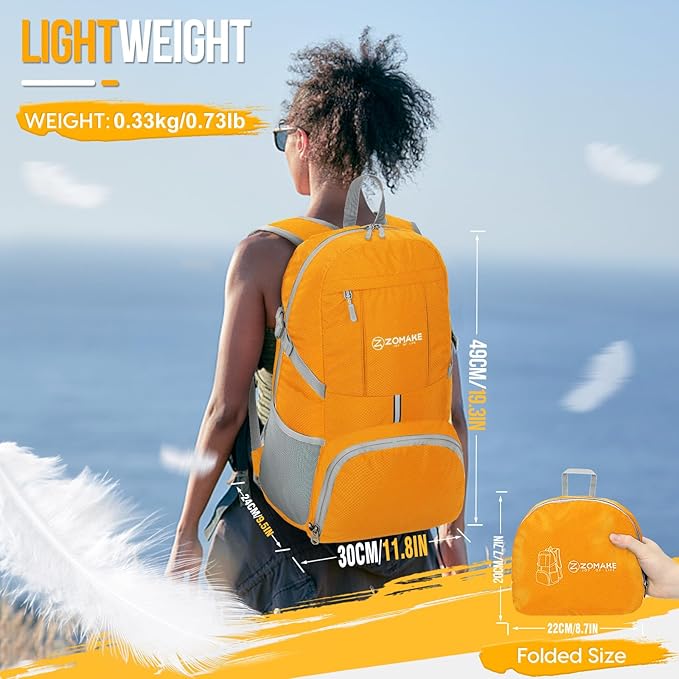 ZOMAKE Lightweight Packable Backpack 35L, Light Foldable Backpacks Water Resistant Collapsible Hiking Bag, Compact Folding Day Pack for Travel Camping(Yellow)