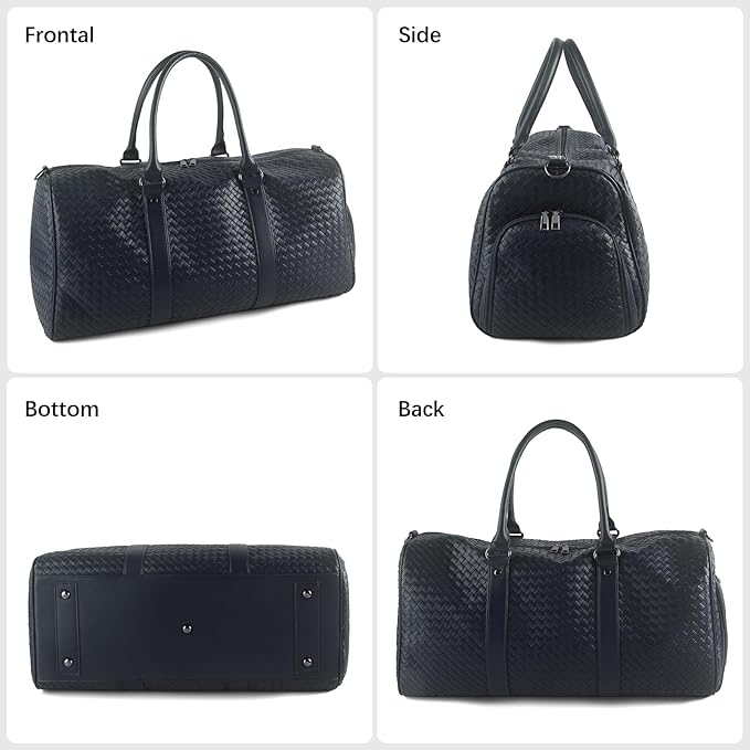 Weekender Bags for Women Woven Leather Travel Duffel Bag with Shoe Compartment, Carry On Garment Bag for Men Women, Large Capacity Water-resistant Gym Tote (Dark Blue)