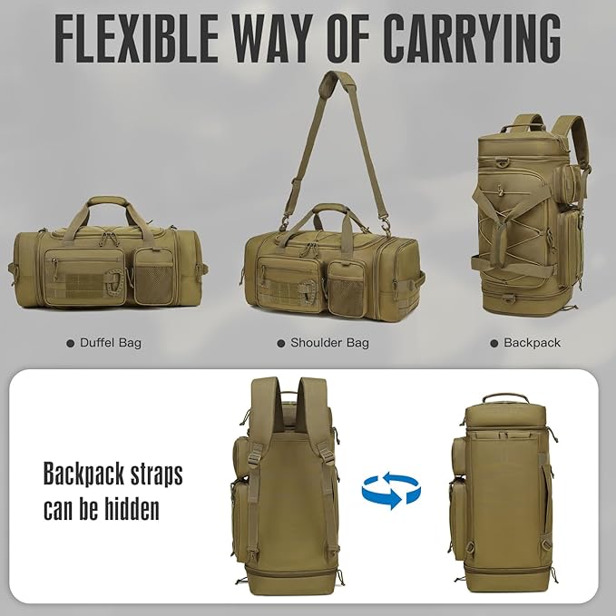 3 in 1 Tactical Gym Bag Backpack for Men 50-55L Expandable Travel Duffle Bag for Women Military Sport Duffel Bags Weekend Overnight with Shoe Compartment & Wet Pocket for Fitness, Brown