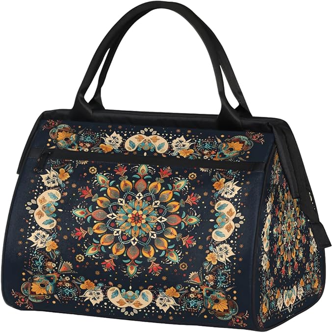 Travel Duffle Bag, Ethnic Aztec Flowers Overnight Weekender Tote Bag for Women Men Waterproof Carry On Luggage with Zipper Lightweight Sport Gym Bag for Traveling Yoga Camping Traveling Gifts