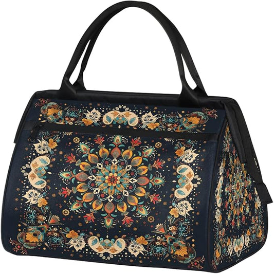 Travel Duffle Bag, Ethnic Aztec Flowers Overnight Weekender Tote Bag for Women Men Waterproof Carry On Luggage with Zipper Lightweight Sport Gym Bag for Traveling Yoga Camping Traveling Gifts