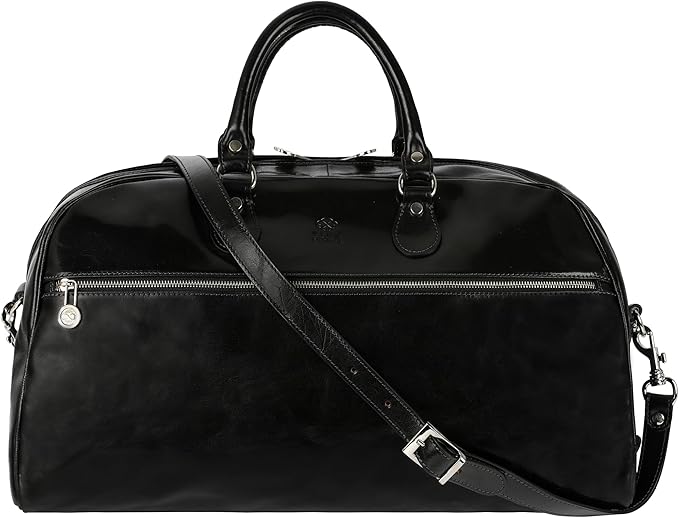 Leather Duffel Bag Full Grain Leather Travel Bag Weekend Bag Gym - Time Resistance (Black)