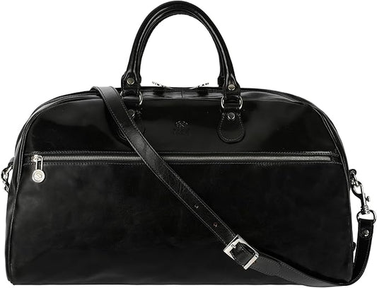 Leather Duffel Bag Full Grain Leather Travel Bag Weekend Bag Gym - Time Resistance (Black)