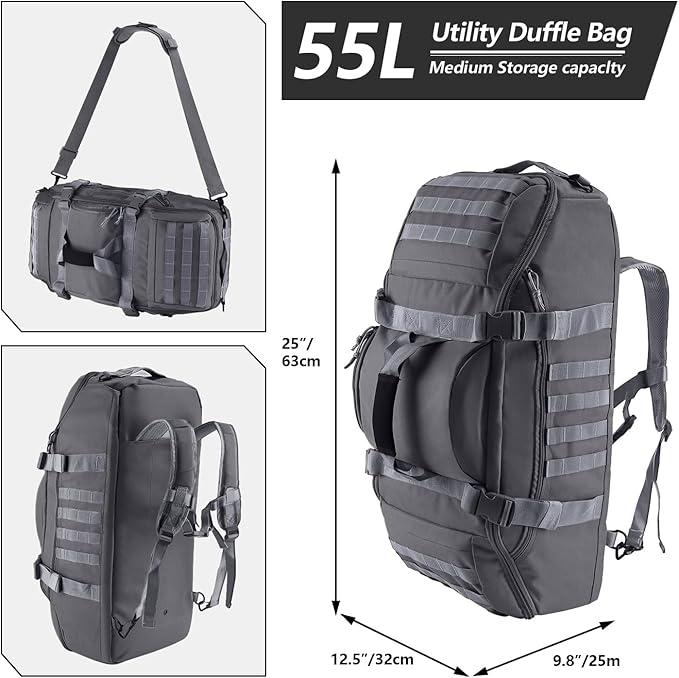 55L Large Duffle Bag, 3-in-1 Tactical Backpack MOLLE Pack for Sports, Gym, Outdoor, Grey