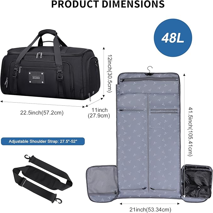WITZMAN Mens Garment Duffle Bags for Travel Convertible Carry-on Suit Garment Bag for Men Hanging Clothes with Shoe Compartment（B724 Black）