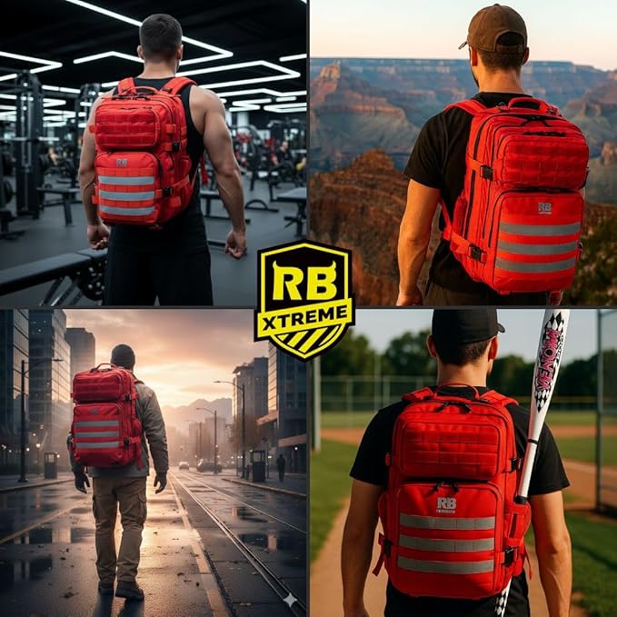 Xtreme 45L Tactical Backpack - Large Travel and Gym Backpack with 16-inch Laptop Sleeve, Stick Holder, Double Bottle Pockets, Recycled-Fabric Shell, Reliable Zippers, Rain Cover (Red)