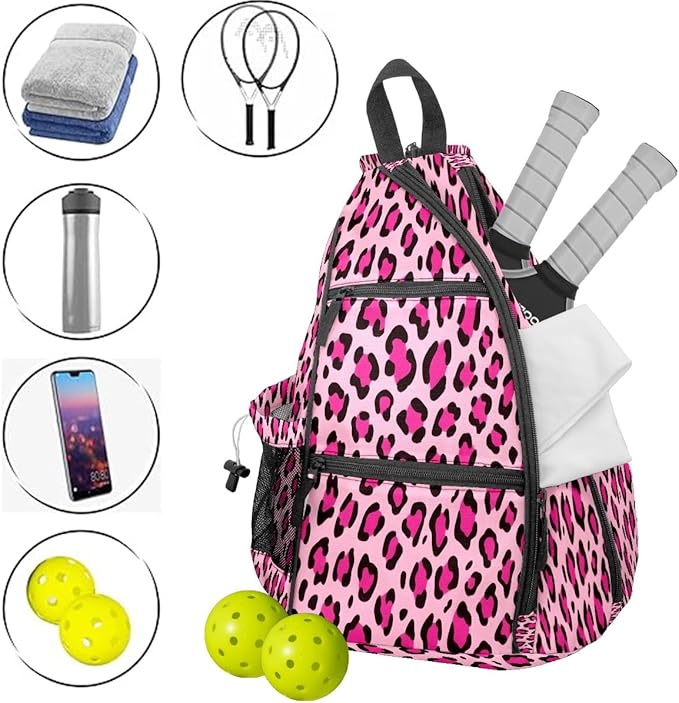 Brown Leopard Print Premium Nylon Pickleball Backpack, 3-in-1 Convertible Shoulder Crossbody Sling Bag for Women Men, Lightweight Bag Fits 2-4 Pickleball Paddles & Tennis Sports Gear