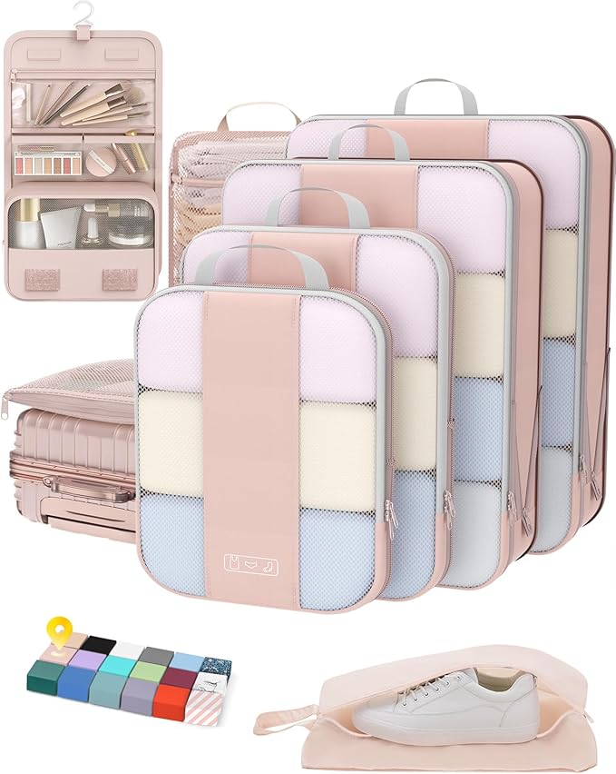 8 Set Compression Packing Cubes for Travel Gifts Women Mom,OlarHike Luggage Clothes Organizer for Travelers,Airplane/Cruise/Car/Train Travel Essentials,Compressible Expandable Saver Space Bags(Beige)