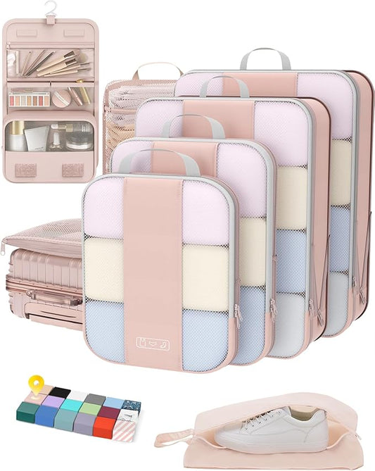 8 Set Compression Packing Cubes for Travel Gifts Women Mom,OlarHike Luggage Clothes Organizer for Travelers,Airplane/Cruise/Car/Train Travel Essentials,Compressible Expandable Saver Space Bags(Beige)
