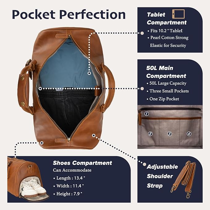 Leather Duffle Bags for Men with Shoe Compartment – 23.6" x 12.6" x 11" Travel Bag, Gym Bag, Also Suitable for Crossbody or Shoulder Carry, Light Brown Large Size