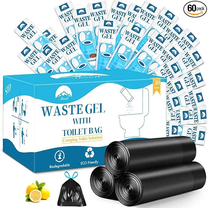 Portable Toilet Bags Poo Waste Gel Set, 30 Count 10 Gal Camping Toilet bags with drawstring and 30 Pack 0.53 Oz each Pee Powder for Portable Camping Toilet fit for Traveling, Outdoor Activities