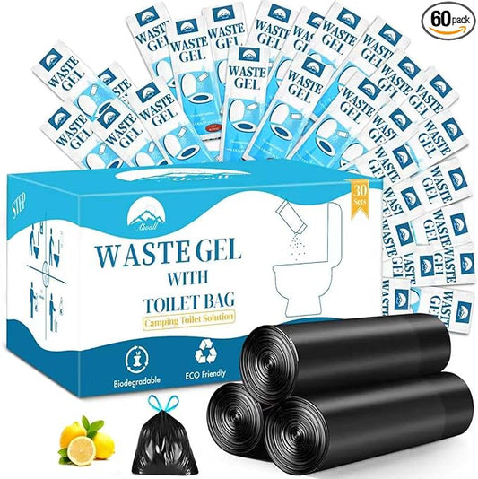 Portable Toilet Bags Poo Waste Gel Set, 30 Count 10 Gal Camping Toilet bags with drawstring and 30 Pack 0.53 Oz each Pee Powder for Portable Camping Toilet fit for Traveling, Outdoor Activities