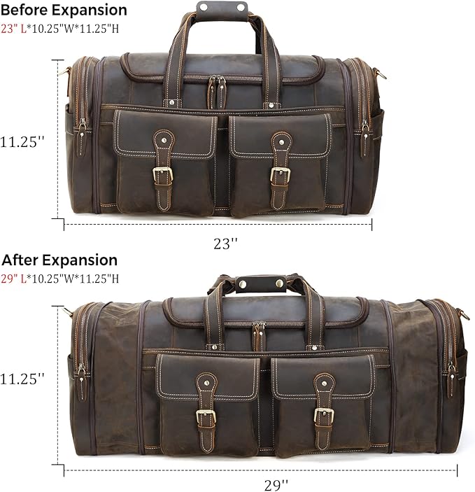 Polare 23" Expandable to 29'' Duffel Retro Thick Full Grain Cowhide Leather Gym Weekender Overnight Luggage Bag For Men