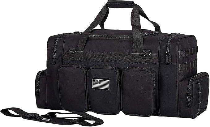 K-Cliffs Heavy Duty Tactical Range Duffel Quality Gear Travel Sports Gym Equipment Bag Military Molle Lockable Zippers with US Flag Patch 27 Inch Black