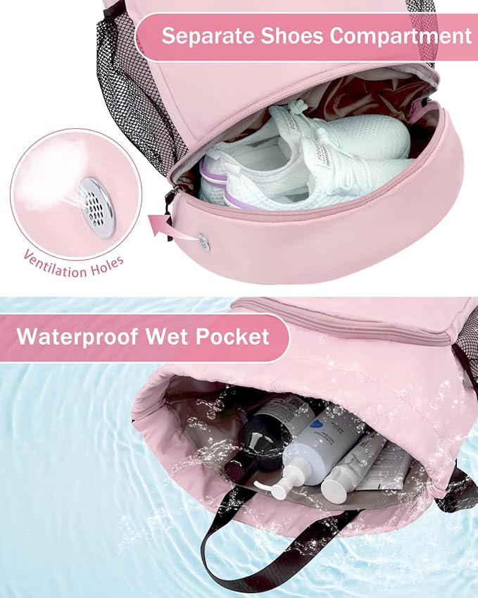 Drawstring Backpack Gym Backpack with Shoe Compartment for Men Women String Sports Bag with Wet Pocket Cinch Swim Beach Bag, Pink (Patent Pending)