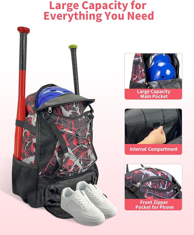 Youth Baseball Bag, Softball Bat Bag for Girls Boys & Adults, Kids Tball Backpack with Shoes Compartment, Large Capacity Equipment Backpack