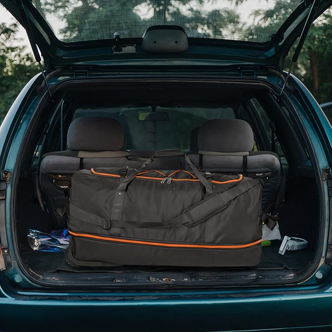 32” 1680D Oxford Foldable Duffle Bag with 2 Wheels,110L to 140L Expandable Soft Sided Rolling Travel Bag,Black-orange