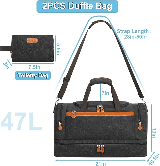 Duffle Bag for Travel, Expandable 50L Canvas Weekender Bag, Overnight Bag Travel Duffel Bag for Men Carry On Luggage with Removable Shoulder Strap, Durable & Water-Resistant