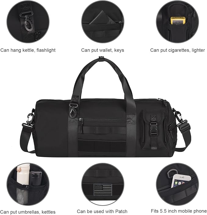 ArcEnCiel Medium Tactical Duffle Bag Men Gym Pack Molle Shoulder Bags Shoes Storage Sports Handbag with Patch(Black)