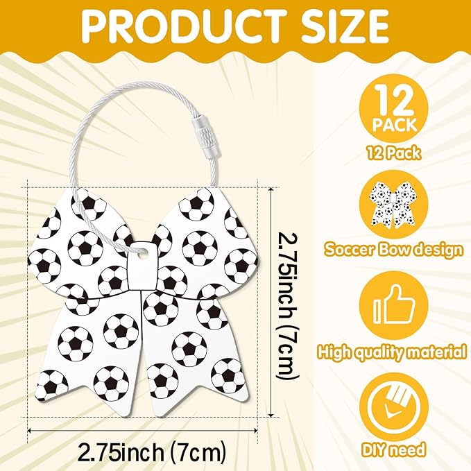 12 Pcs Soccer Bow Luggage Tags for Travel Suitcase Labels with Metal Ring 2.75in Soccer Bow Keychain PVC Name ID Card and DIY Pocket Hug Card for Men Women Travel Bag Suitcase