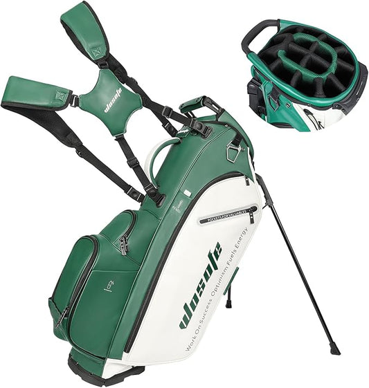 WOSOFE PU Golf Bag with 6/14 Way Top Dividers Automatically Adjustable Dual Straps Elegant Design for Men Women Pu Golf Stand Bag with Multiple Pockets