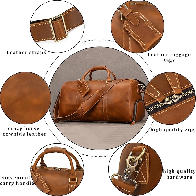 Leather Duffel Bags for Men and Women, 20 Inch Full Grain Leather Travel Overnight Weekend Duffel, 9804 Light Brown