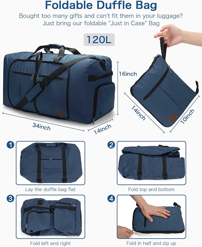 120L Foldable Waterproof Travel Duffel Bag for Men and Women with Shoe Compartment (Dark Blue, EXTRA LARGE, 120L)