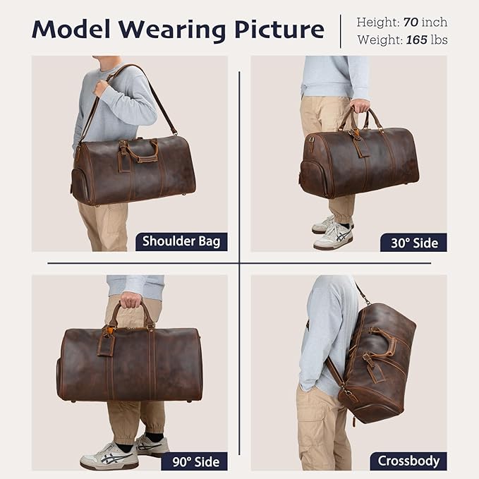 Leather Duffle Bags for Men with Shoe Compartment – 23.6" x 12.6" x 11" Travel Bag, Gym Bag, Also Suitable for Crossbody or Shoulder Carry, Brown Large Size