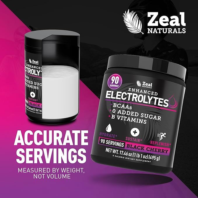 Zeal Electrolyte Powder - 90 Servings | Keto Electrolytes Powder | Zero Sugar, BCAAs, B-Vitamins | Potassium, Zinc, Magnesium | Hydration Powder Recovery Drink | Black Cherry