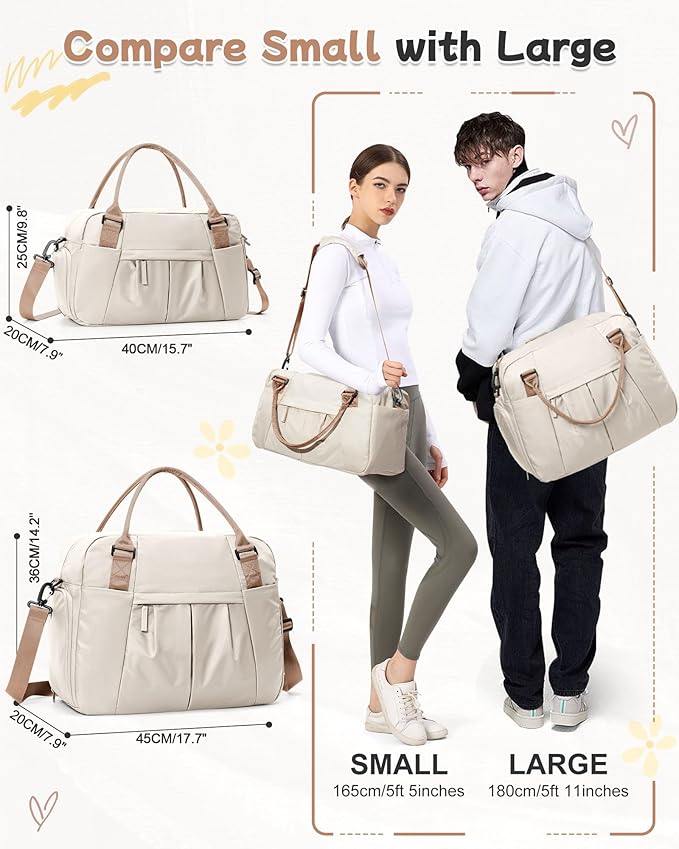 Small Gym Bag with Shoe Compartment, Workout Sport Duffle Bag for Women Travel,Waterproof Shoulder Overnight Bag Lightweight Carry on Tote Bag for Swim, Yoga, Dance, Beige