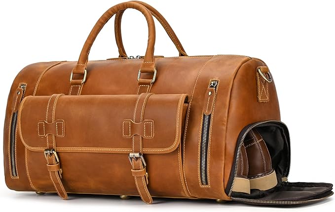 Leather Duffel Bag 20 Inch Full Grain Leather Travel Overnight Weekend Bag for Men and Women, 9802 Light Brown