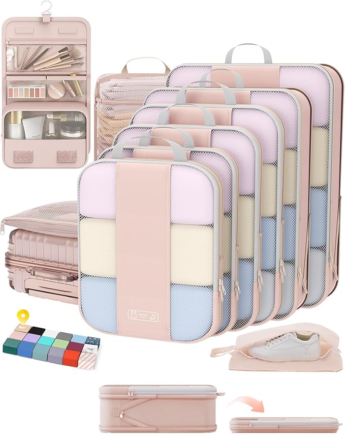 10 Set Compression Packing Cubes for Travel Gifts Women Mom,OlarHike Luggage Clothes Organizer for Travelers,Airplane/Cruise/Car/Train Travel Essentials,Compressible Expandable Saver Space Bags(Beige)