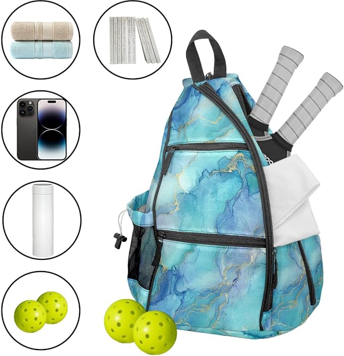 Pickleball Bag Marble Blue Pickle Ball Backpack for Women Men Premium Lightweight Crossbody Sling Bag Sports Backpack for Pickleball Paddle Tennis