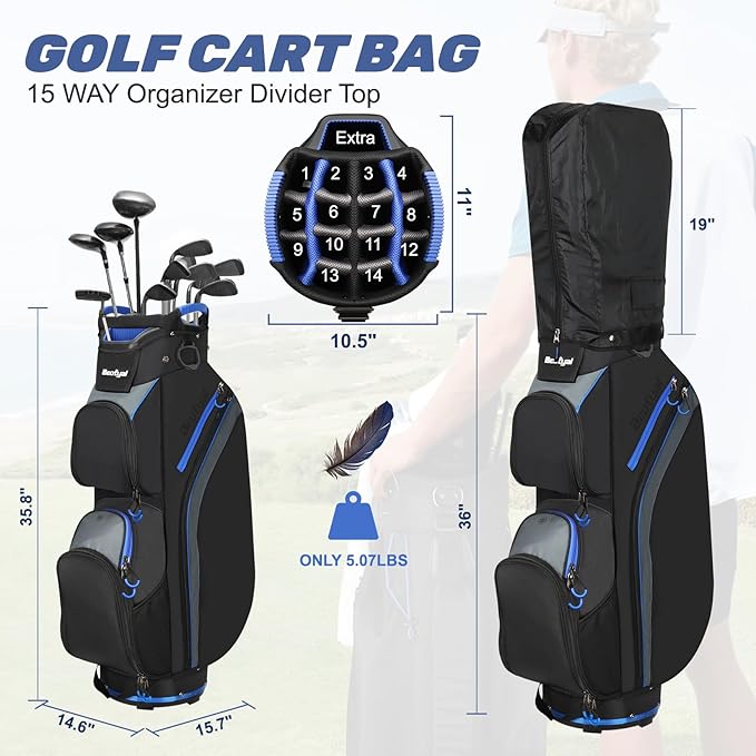 Cart Golf Bag 15 Way Organizer Divider Top Golf Club Bags Lightweight Golf Cart Bags for Men Women with Cooler, Rain Cover