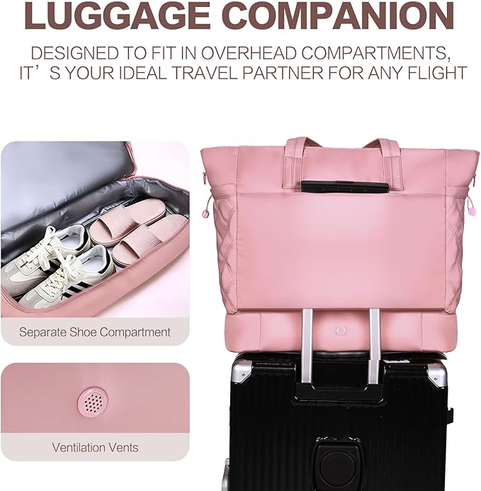 Weekender Bag for Women Men, Large Overnight Bag Faux Leather Travel Duffel Bag with Shoe Compartment Toiletry Packing Cube Carry On Bag Fit 21" Laptop 3Pcs Set (2PCS Pink)