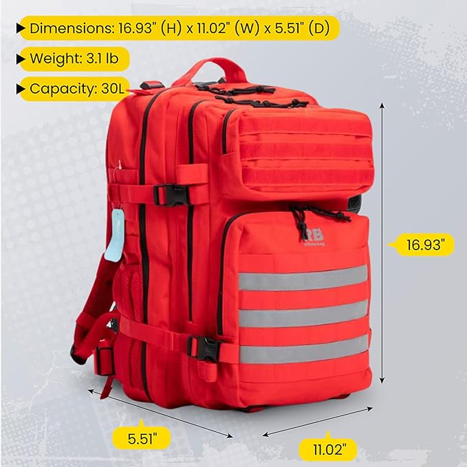 Xtreme 30L Tactical Backpack - Carry-On Travel and Gym Daypack with 16-inch Laptop Sleeve, Stick Holder, Double Bottle Pockets, Recycled-Fabric Shell, Reliable Zippers, Rain Cover (Red)