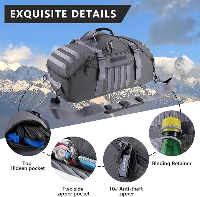55L Large Duffle Bag, 3-in-1 Tactical Backpack MOLLE Pack for Sports, Gym, Outdoor, Grey