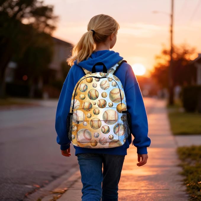 Baseball Backpack for Kids & Youth, 16 Inch Tennis-Themed School Bookbag, Lightweight Polyester Daypack with Front Zip Pocket, Side Bottle Pocket, Padded Adjustable Straps, Unisex