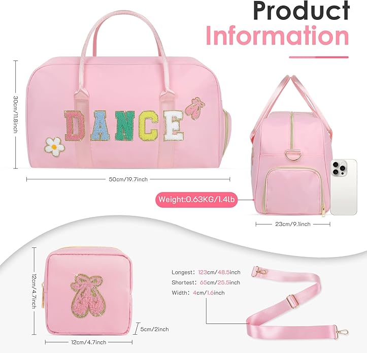 Dance Bag for Girls 2PCS Ballet Cheer Bag with Shoes Compartment Chenille Letter Embroidery for Dancer Travel Overnight bag
