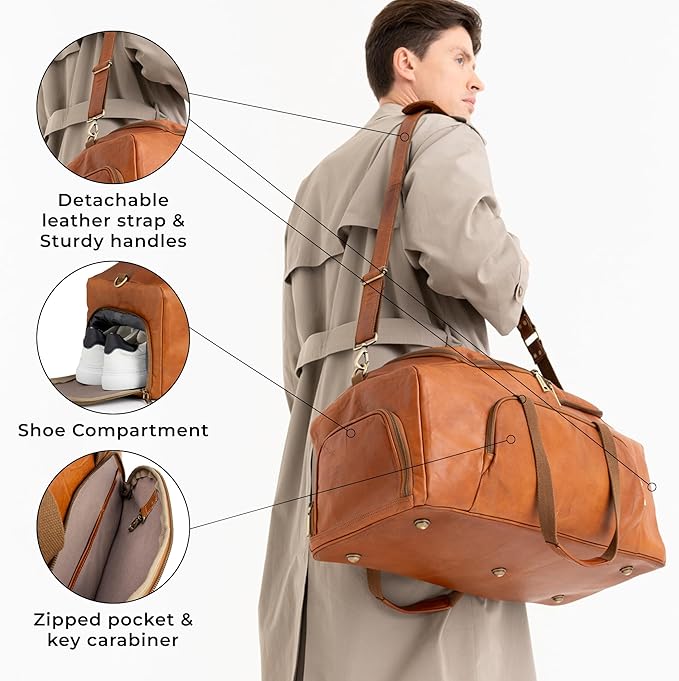 Berliner Bags Vintage Genuine Leather Duffle Denver XL for Travel or the Gym, Weekender Bag with shoe compartment, Overnight Bag for Men and Women - Brown