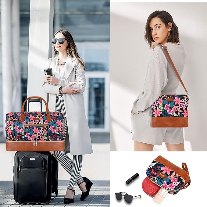 Weekender Bag for Women, Travel Duffel Bag Carry On Overnight Bag with Shoe Compartment Large Nylon Travel Weekend Tote Bag