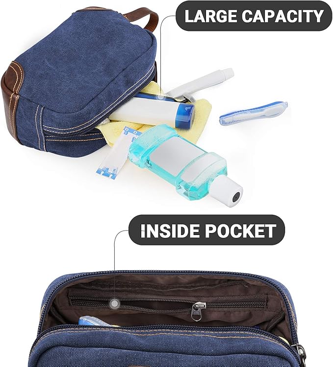 emissary Men's Toiletry Bag, Leather and Canvas Travel Toiletry Bag, Dopp Kit for Men, Travel Bathroom Bag Men's Shaving Kit, Travel Kit Small Bags for Men, Shaving Bag for Travel Accessories (Blue)