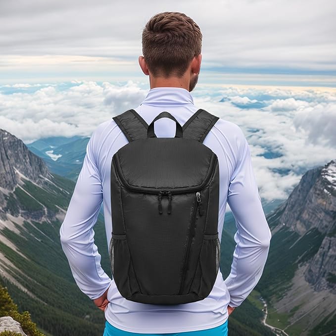 Hiking Backpack, 20L Packable Daypack for Men Women, Nylon with Adjustable Straps, Lightweight Waterproof Outdoor Camping Travel, Black
