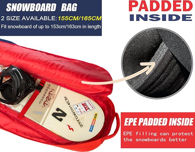 Padded Snowboard Bag- Perfect for Air Plane Travel for Snowboard, Goggles, Gloves, Ski Outdoor Camping,Available Length in 155cm 165cm.