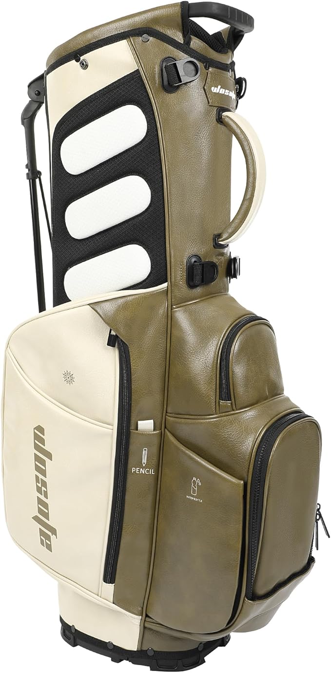 WOSOFE PU Golf Bag with 6/14 Way Top Dividers Automatically Adjustable Dual Straps Elegant Design for Men Women Pu Golf Stand Bag with Multiple Pockets