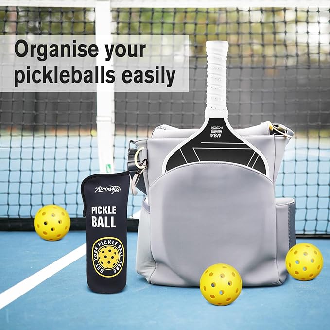 Pickleball Ball Holder - 1 Pc Pickle Ball Storage Bag, Portable Tennis Pouch with Hook for Fence, Premium Neoprene Material Bottle Holder, Pickleball Accessory Black Red Green Yellow Color