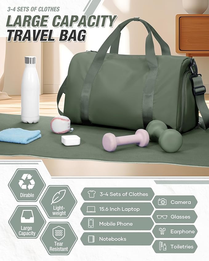 Gym Duffle Bag for Women Carry on Luggage Travel Essentials Airline Approved Personal Item 18x14x8 Inches Lightweight Weekender Sports Travel Duffel Bag with Shoe Compartment Wet Pocket Men Green