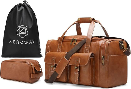 Zeroway PU Leather Travel Duffel Bag with Toiletry Dopp Kit and Laundry Bag, Weekender Overnight bag Luggage Carry-On Bag with Shoe Pouch for Men or Women Brown